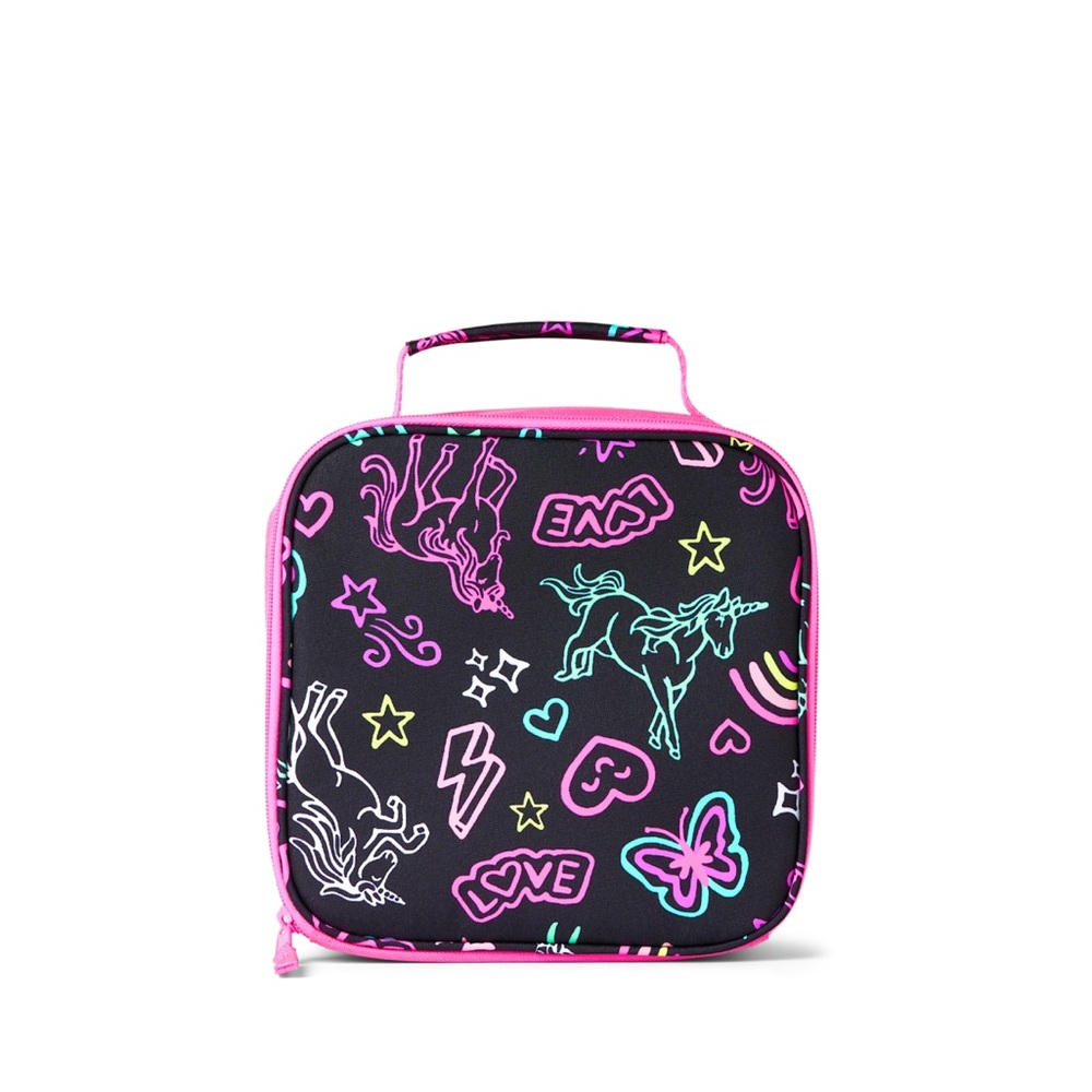 The Children’s Place Girls Lunch Bag Black Pink Neon Unicorn Doodle Print
